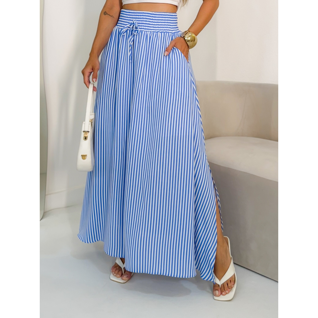 AMY FASHION SAIA COM FENDA COMPRITO LISTRADO COM BOLSA CINDURA GROSSA MODA 2025