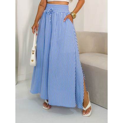 AMY FASHION SAIA COM FENDA COMPRITO LISTRADO COM BOLSA CINDURA GROSSA MODA 2025