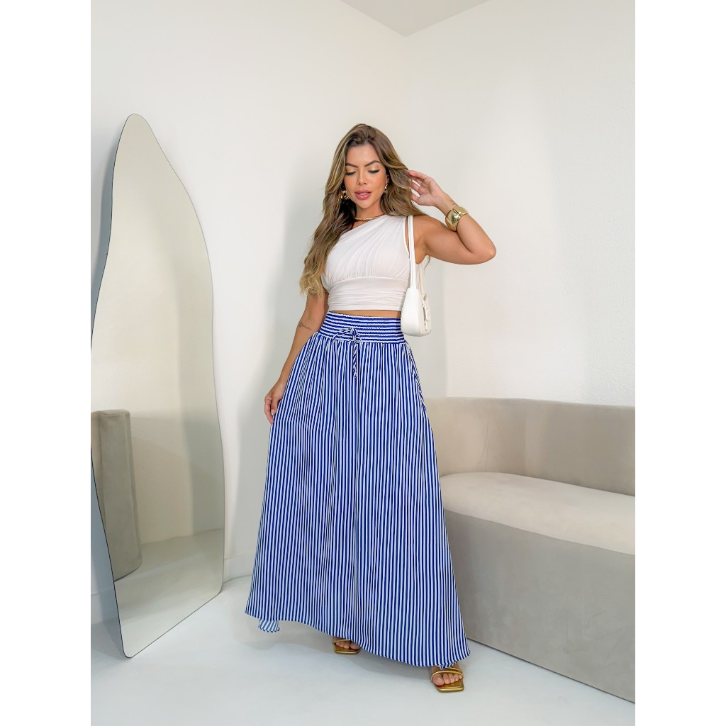 AMY FASHION SAIA COM FENDA COMPRITO LISTRADO COM BOLSA CINDURA GROSSA MODA 2025