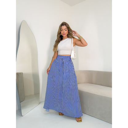 AMY FASHION SAIA COM FENDA COMPRITO LISTRADO COM BOLSA CINDURA GROSSA MODA 2025