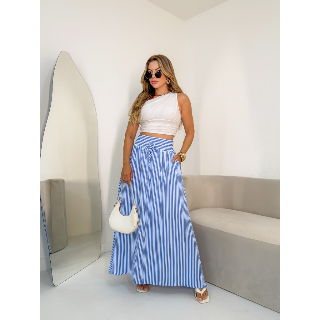 AMY FASHION SAIA COM FENDA COMPRITO LISTRADO COM BOLSA CINDURA GROSSA MODA 2025