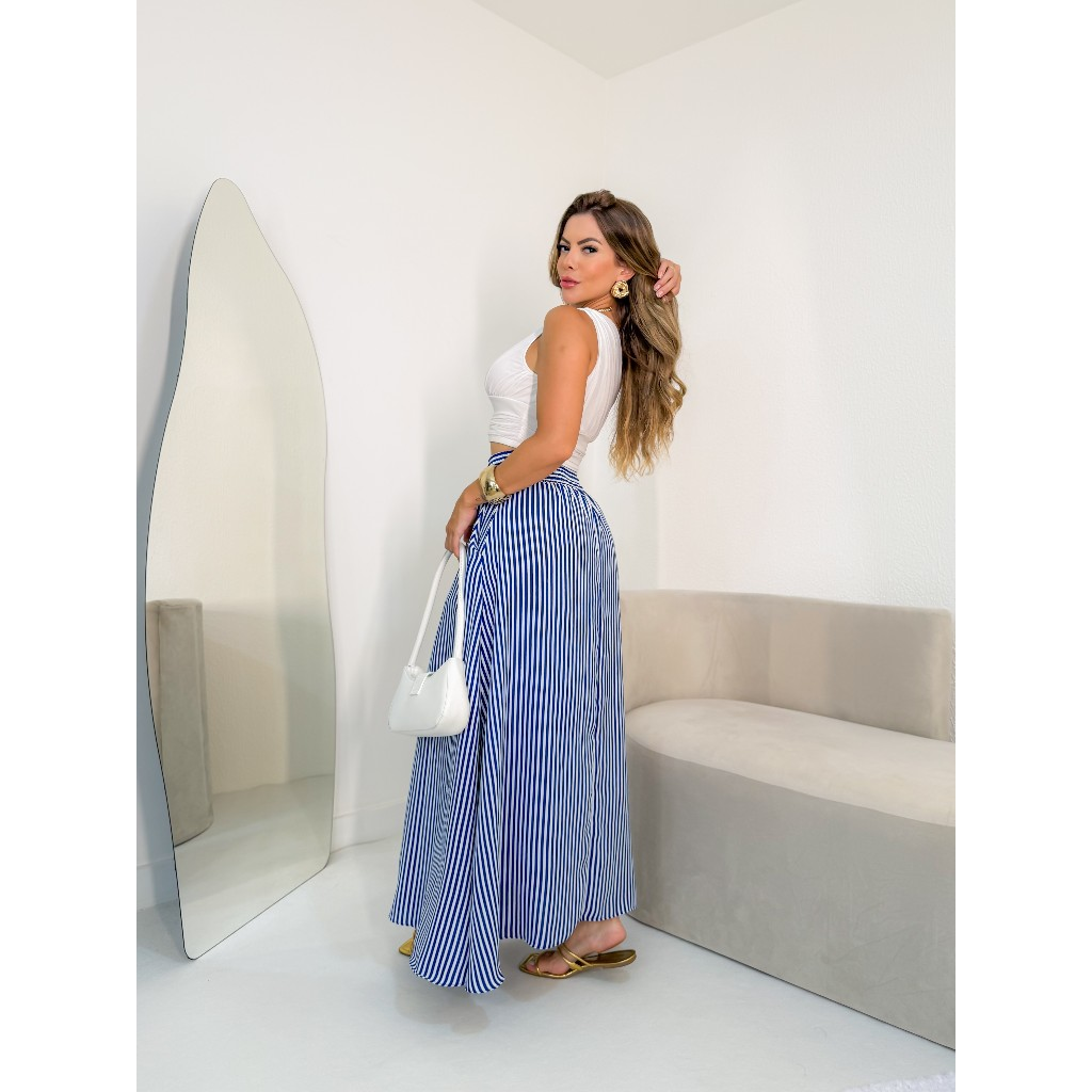 AMY FASHION SAIA COM FENDA COMPRITO LISTRADO COM BOLSA CINDURA GROSSA MODA 2025