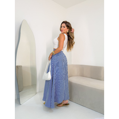 AMY FASHION SAIA COM FENDA COMPRITO LISTRADO COM BOLSA CINDURA GROSSA MODA 2025