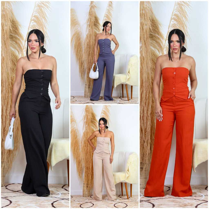 conjunto feminino casual de calça pantalona é blusa tomara que caia