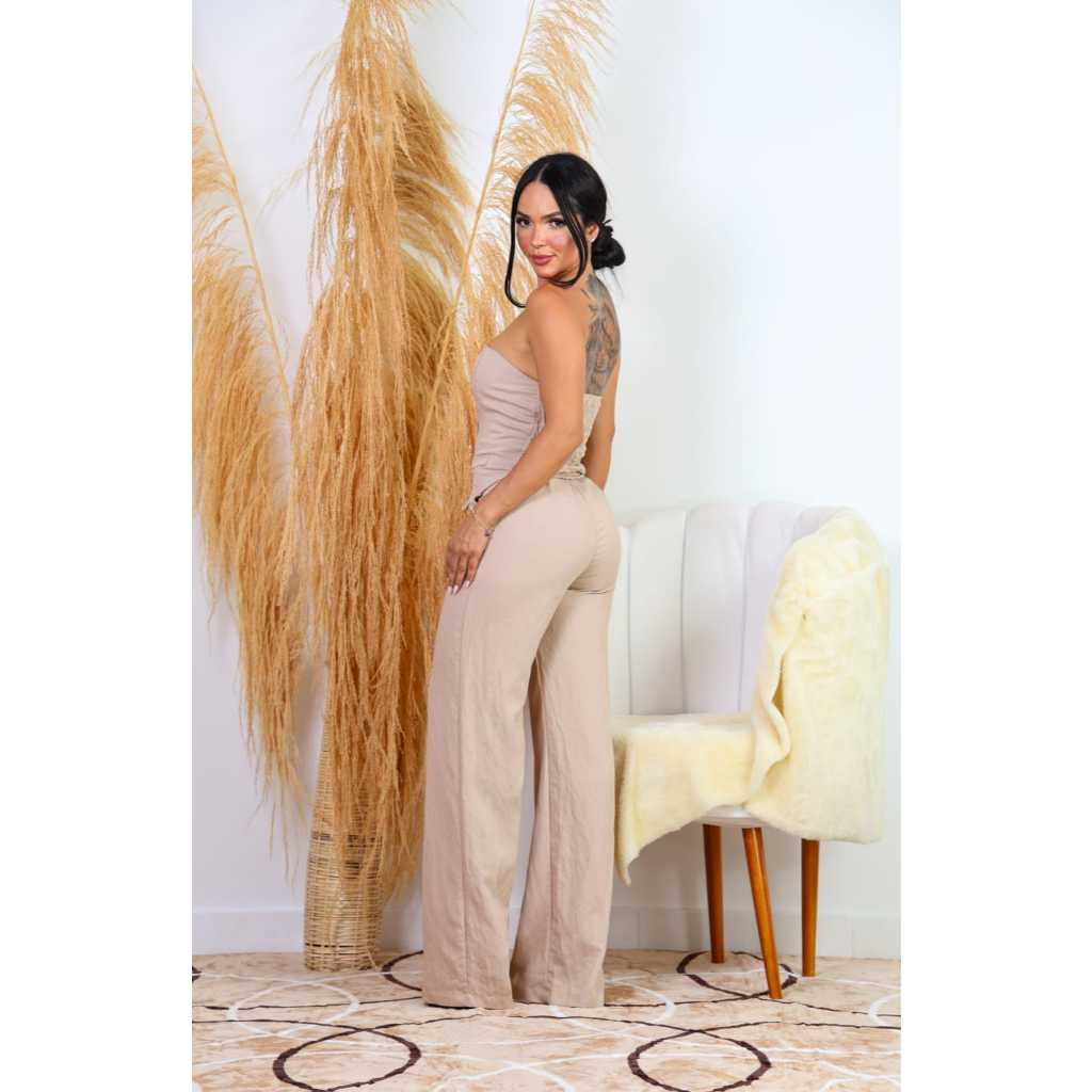 conjunto feminino casual de calça pantalona é blusa tomara que caia