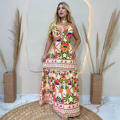 Vestido Longo feminino De Argola Decotado Modelo Alcinha Tendência floral dress Chic con abertura lateral