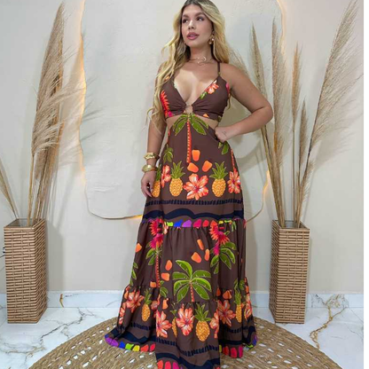 Vestido Longo feminino De Argola Decotado Modelo Alcinha Tendência floral dress Chic con abertura lateral