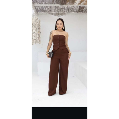 conjunto feminino casual de calça pantalona é blusa tomara que caia