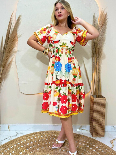 VESTIDO CURTO FEMENINO COM ELASTEX NA SINTURA TEJIDO DUNA LISO