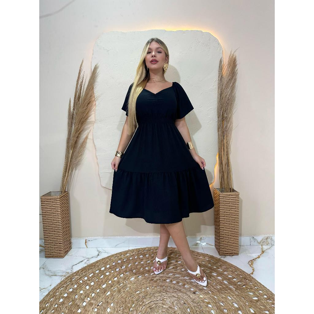 VESTIDO CURTO FEMENINO COM ELASTEX NA SINTURA TEJIDO DUNA LISO