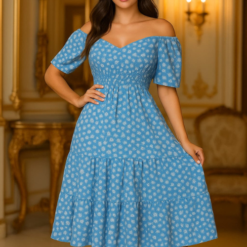 VESTIDO CURTO FEMENINO COM ELASTEX NA SINTURA TEJIDO DUNA LISO