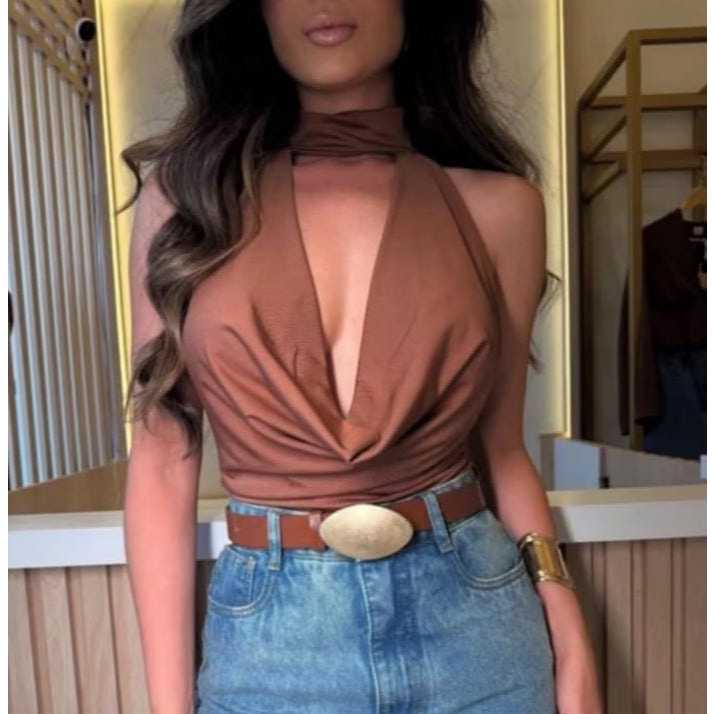 Blusa Feminina Gola Boba Choker Estilosa Regata Suplex Malha Moda casual Blogueira lançamento 2025