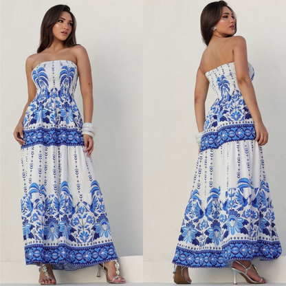 Vestido Longo Tomara que Caia Estampado Floral Tropical com Saia Rodada