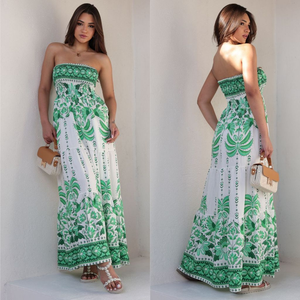 Vestido Longo Tomara que Caia Estampado Floral Tropical com Saia Rodada