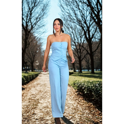 conjunto feminino casual de calça pantalona é blusa tomara que caia