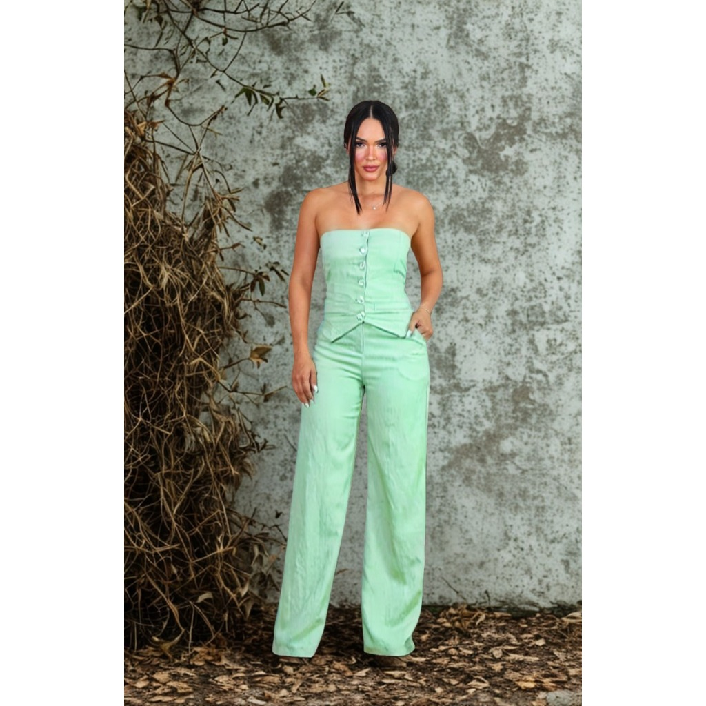 conjunto feminino casual de calça pantalona é blusa tomara que caia