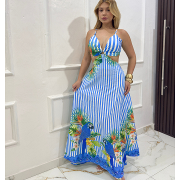 Vestido Longo feminino De Argola Decotado Modelo Alcinha Tendência floral dress Chic con abertura lateral