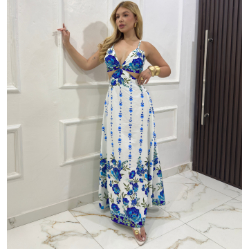 Vestido Longo feminino De Argola Decotado Modelo Alcinha Tendência floral dress Chic con abertura lateral