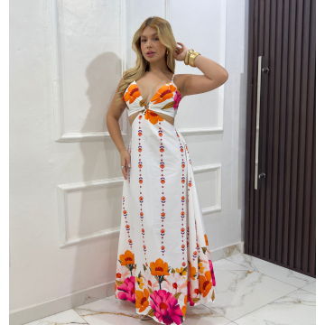 Vestido Longo feminino De Argola Decotado Modelo Alcinha Tendência floral dress Chic con abertura lateral