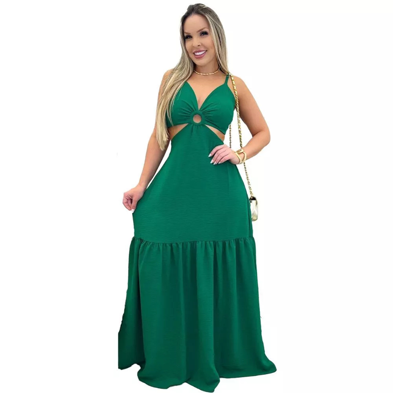 Vestido Longo feminino De Argola Decotado Modelo Alcinha Tendência floral dress Chic con abertura lateral