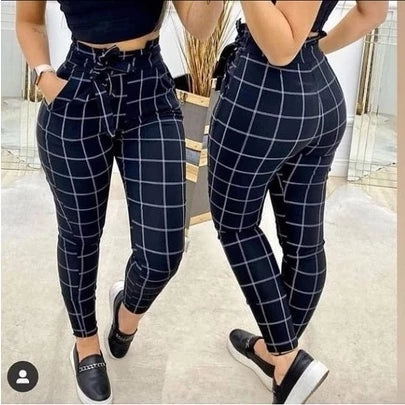 Calça Clochard Feminina com Laço Cintura Alta em Bengaline Xadrez e Lisa – Fernanza