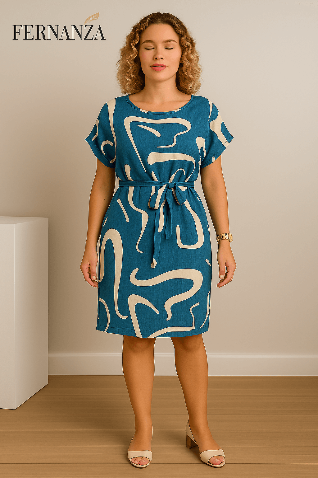 Modelo vestindo o Vestido Feminino Confortável e Elegante para o Dia a Dia da Fernanza, modelagem solta, cor azul petroleo com estampa off-white abstrata, cinto para ajuste na cintura, segurando bolsa pequena clara, em ambiente neutro sofisticado