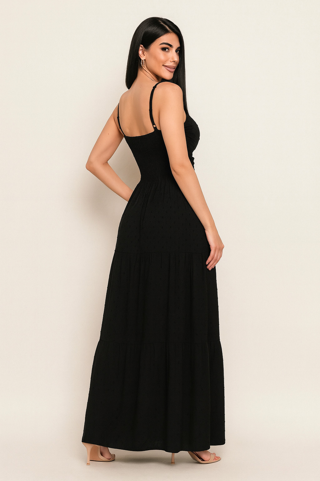 Vestido Longo com Textura Poá e Nó Frontal