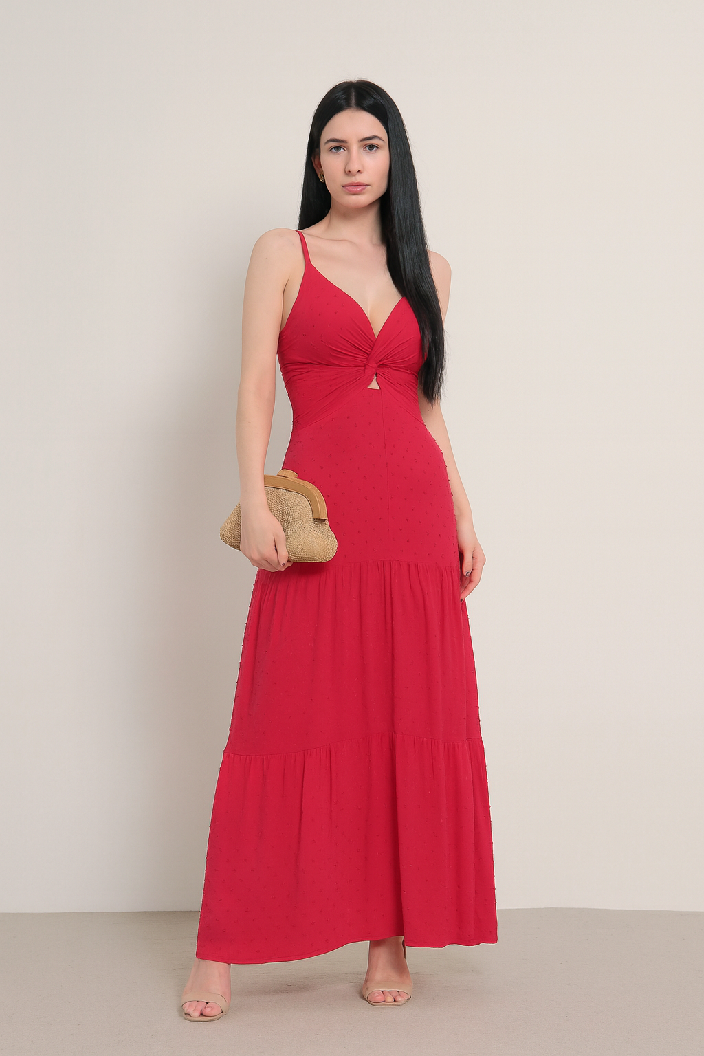 Vestido Longo com Textura Poá e Nó Frontal