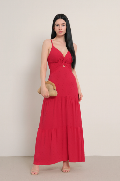 Vestido Longo com Textura Poá e Nó Frontal