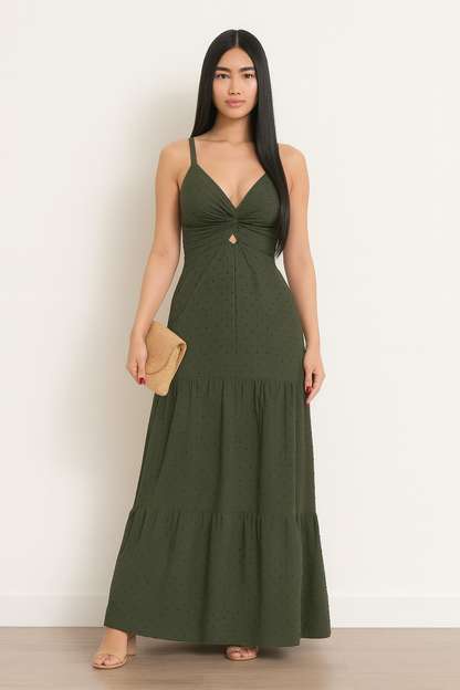 Vestido Longo com Textura Poá e Nó Frontal