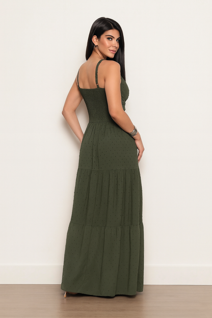 Vestido Longo com Textura Poá e Nó Frontal