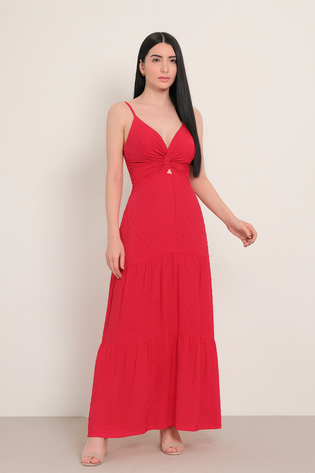 Vestido Longo com Textura Poá e Nó Frontal