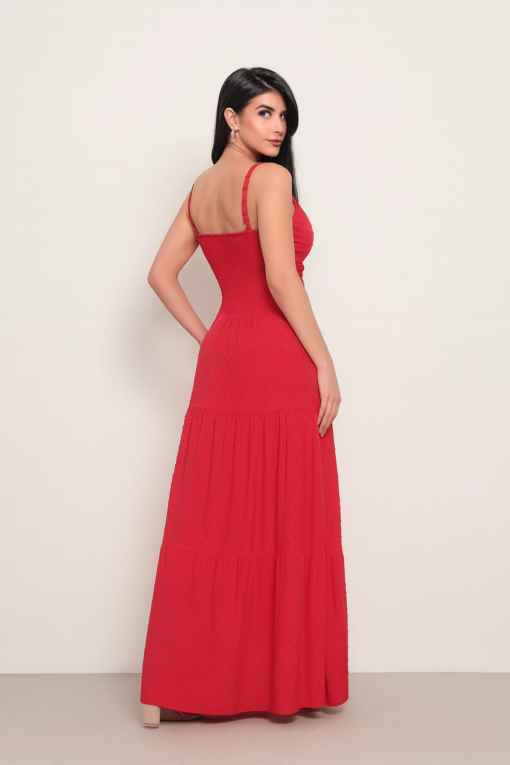 Vestido Longo com Textura Poá e Nó Frontal