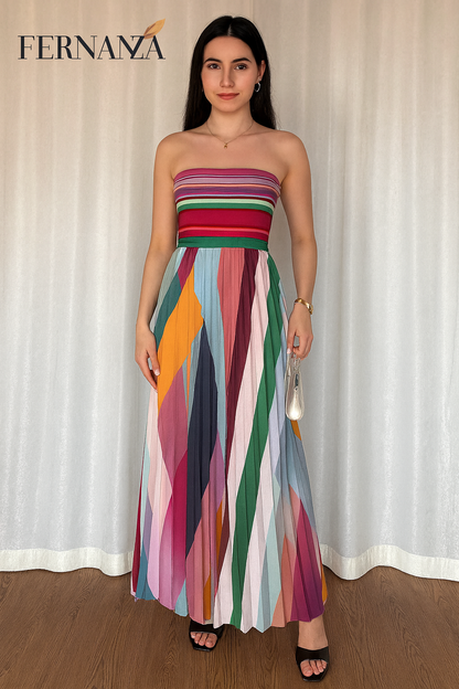 Vestido Longo Multicolorido Plissado Ombro a Ombro – Fernanza