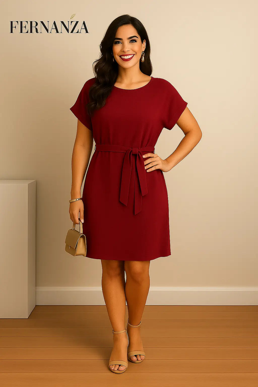 Moda feminina Fernanza: vestido vinho elegante com modelagem ampla e visual moderno para o dia a dia.